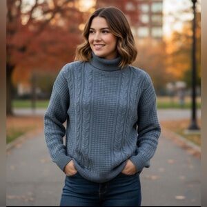 Cozy Cable-Knit Turtleneck Sweater - Slate Blue